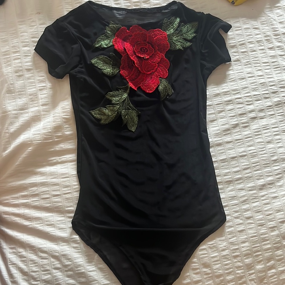 See through body suit with embroidered rose